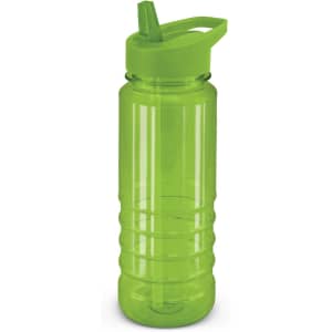 A drink bottle in vibrant green, featuring a straw and a lid with a carry handle, along with a logo.