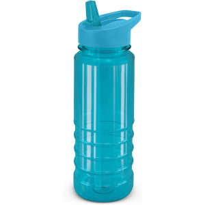 A drink bottle in bright aqua with a blue lid and straw, featuring a textured grip and a logo.