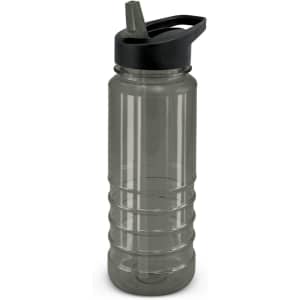 A drink bottle featuring a dark grey design, equipped with a black lid and a spout for easy pouring.