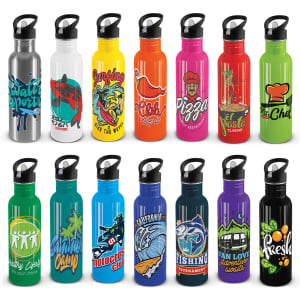 A drink bottle collection in various colours, featuring a mix of designs and branding on each bottle.