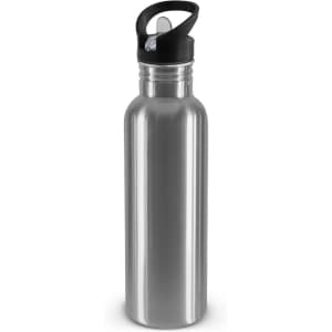 A drink bottle made of stainless steel with a black cap. It has a sleek, shiny finish and a logo on the side.