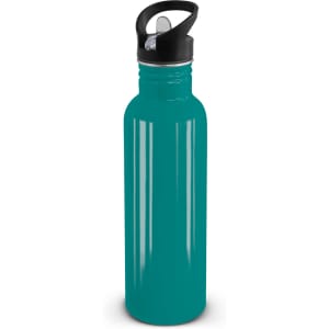 A drink bottle with a teal body and a black cap featuring a carrying handle.
