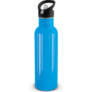 A drink bottle in bright blue with a black lid and a handle. It features a sleek, glossy finish.