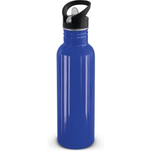 A drink bottle in a vibrant blue color, featuring a black lid with a handle and a flip-top spout.