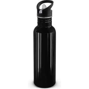 A drink bottle with a sleek black exterior and a convenient flip-top lid.