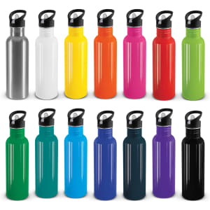A drink bottle in various colours including silver, white, yellow, orange, pink, green, and more, featuring a logo.
