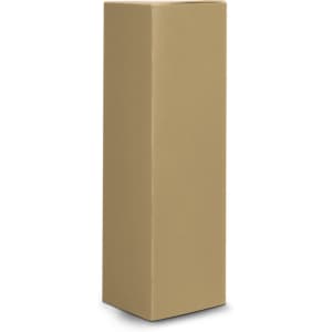 A tall, brown cylindrical product packaging with a plain design, featuring a logo.