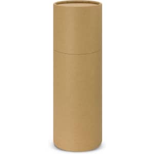 A drink bottle packaged in a cylindrical brown kraft paper box, designed for sustainable aesthetics.