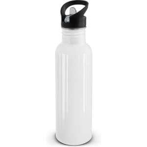 A drink bottle featuring a sleek, white design with a black lid and handle for easy carrying.