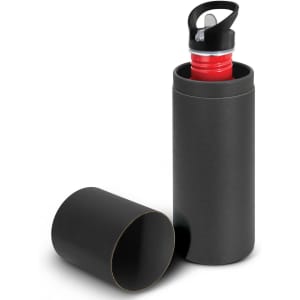 A drink bottle in black with a red lid, placed within a matching cylindrical container. It features a logo.