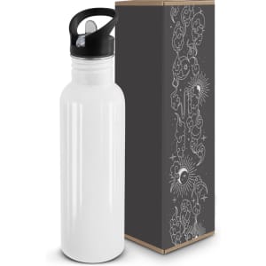 A drink bottle in white with a black lid, accompanied by a decorative box featuring intricate designs.