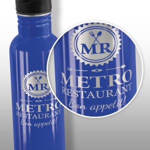 A drink bottle in a vibrant blue colour featuring a logo and text design.