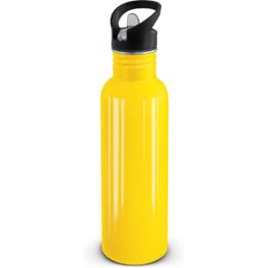 A drink bottle in a vibrant yellow color with a black lid and spout design.