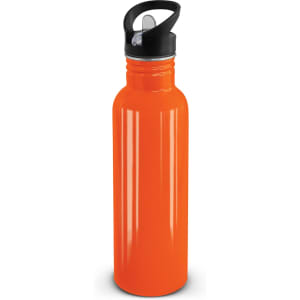 A drink bottle in a vibrant orange color, featuring a black flip-top lid for easy access to the contents.