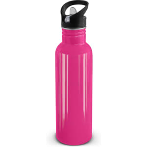 A drink bottle in a vibrant pink color with a black screw-on lid and a carrying handle.