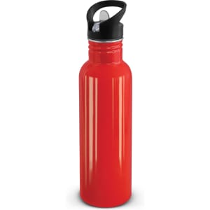 A drink bottle in a vibrant red color with a black lid and a convenient carrying handle.