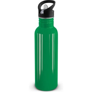 A drink bottle in a vibrant green color with a black cap and a built-in handle for easy carrying.