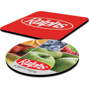 A red mouse mat with a logo on top and a round mouse mat featuring colourful fruit images on the bottom.