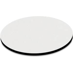 A round mouse mat with a smooth, white surface and a black underside, designed for precision tracking.