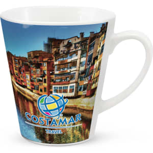 A white coffee mug featuring a vibrant scene of buildings by a river, with a logo displayed.