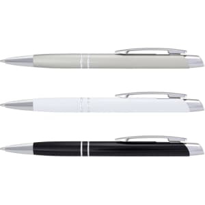 Three metallic pens in grey, white, and black, each with silver accents and a logo on the barrel.