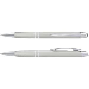 A silver metal pen with a textured grip and chrome accents, featuring a logo.