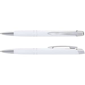 A white metal pen with silver accents, featuring a textured grip and a clip. The pen has a sleek, elegant design.