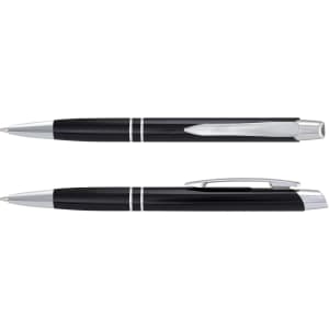 A pair of sleek black metal pens with chrome accents, featuring a smooth design and a contoured grip.