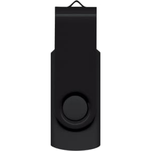 A Helix 4GB Mix & Match Flash Drive in sleek black design with a swivel cap and a circular thumb button for easy use.