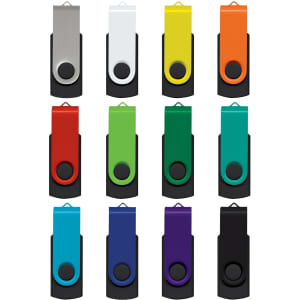 A collection of Helix 4GB Mix & Match Flash Drives in various colours, featuring a black base and a metal top.