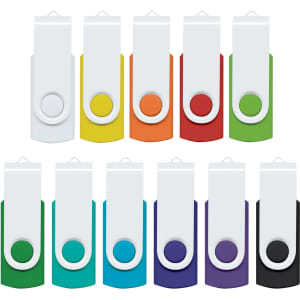 A collection of 10 colourful flash drives in various hues including orange, green, blue, and purple, with a white casing.