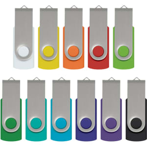 A collection of Helix 4GB Mix & Match Flash Drives in various colours, featuring a metallic clip and a logo.