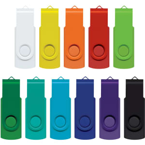 A collection of multi-coloured flash drives in white, red, orange, green, blue, teal, and purple, featuring a circular button.
