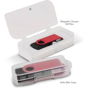 A red and black Helix 4GB Mix & Match Flash Drive in a clear case, inside a magnetic closure gift box.