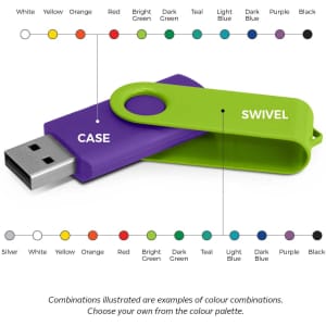 A green and purple Helix 4GB flash drive with a swivel cap, featuring a colour palette for custom combinations.