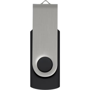 A black and silver Helix 4GB flash drive with a metallic clip and a circular button, featuring a branding logo.