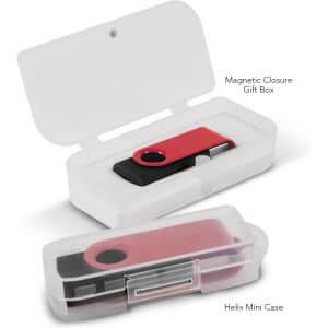 A red and black Helix 8GB flash drive in a magnetic closure gift box, featuring a clear casing.