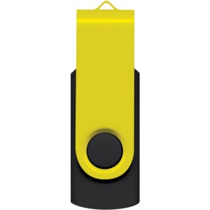 A black and yellow Helix 4GB mix and match flash drive with a swivel design and a loop for attachment.