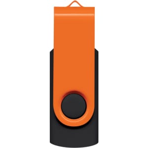 A flash drive featuring an orange and black design, with a swivel cover and circular button.
