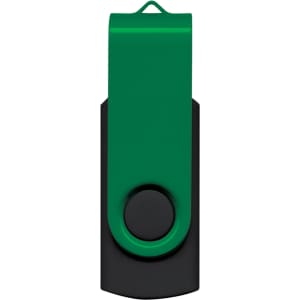 A green and black Helix 8GB flash drive with a swivel design and a logo.