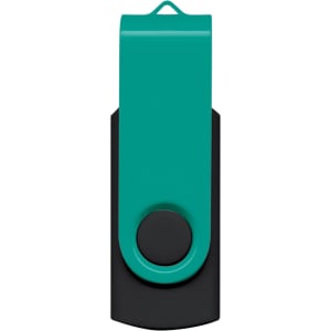 A teal and black Helix 8GB flash drive with a swivel design and a logo on the front.