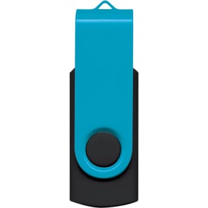 A teal and black Helix 8GB flash drive featuring a swivel design and a logo on its surface.