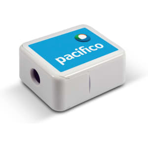 A white pencil sharpener with a blue top and a logo. It features a single sharpening hole.