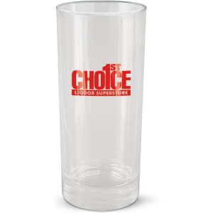 A clear glass tumbler with a logo in red, featuring a tall and sleek design.