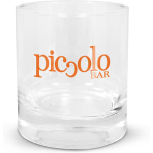 A glass tumbler in clear glass with an orange logo. Simple, cylindrical design ideal for beverages.