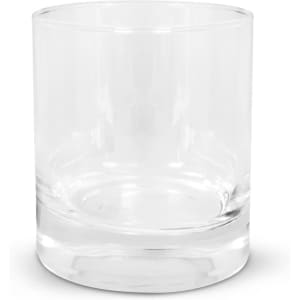 A clear glass tumbler with a thick, solid base, designed for beverages.