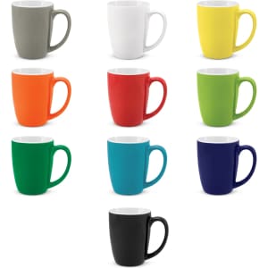 A collection of Sorrento coffee mugs in grey, white, yellow, orange, red, green, teal, blue, and black. Each mug has a white interior.