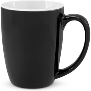 A black coffee mug with a contrasting white interior and a comfortable handle, designed for enjoying beverages.
