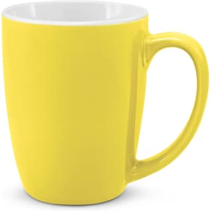 A bright yellow coffee mug with a white interior and a sturdy handle.