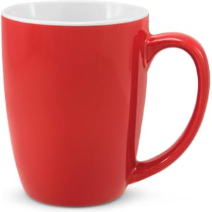 A red coffee mug with a glossy finish and a white interior.